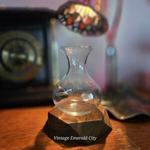 Vtg Clear Mini Vase Fluted Glass Top Opening With Wooden Geometric Base Set Of 2